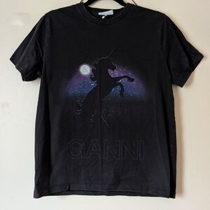 Ganni Black T-Shirt with Unicorn and Moon Graphic